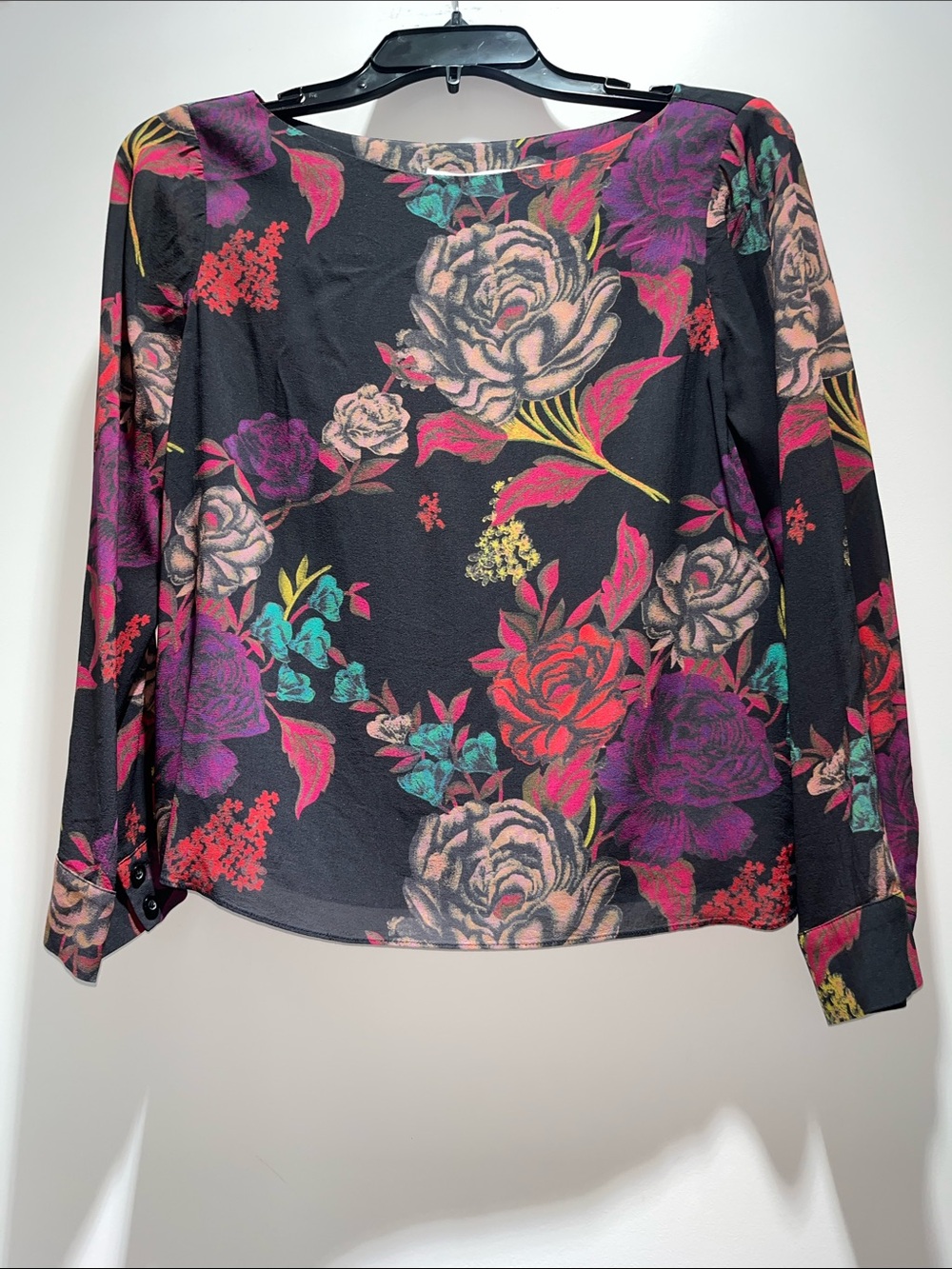 Alice + Olivia Black Floral Long-Sleeve Blouse with Pink, Purple & Teal Accents